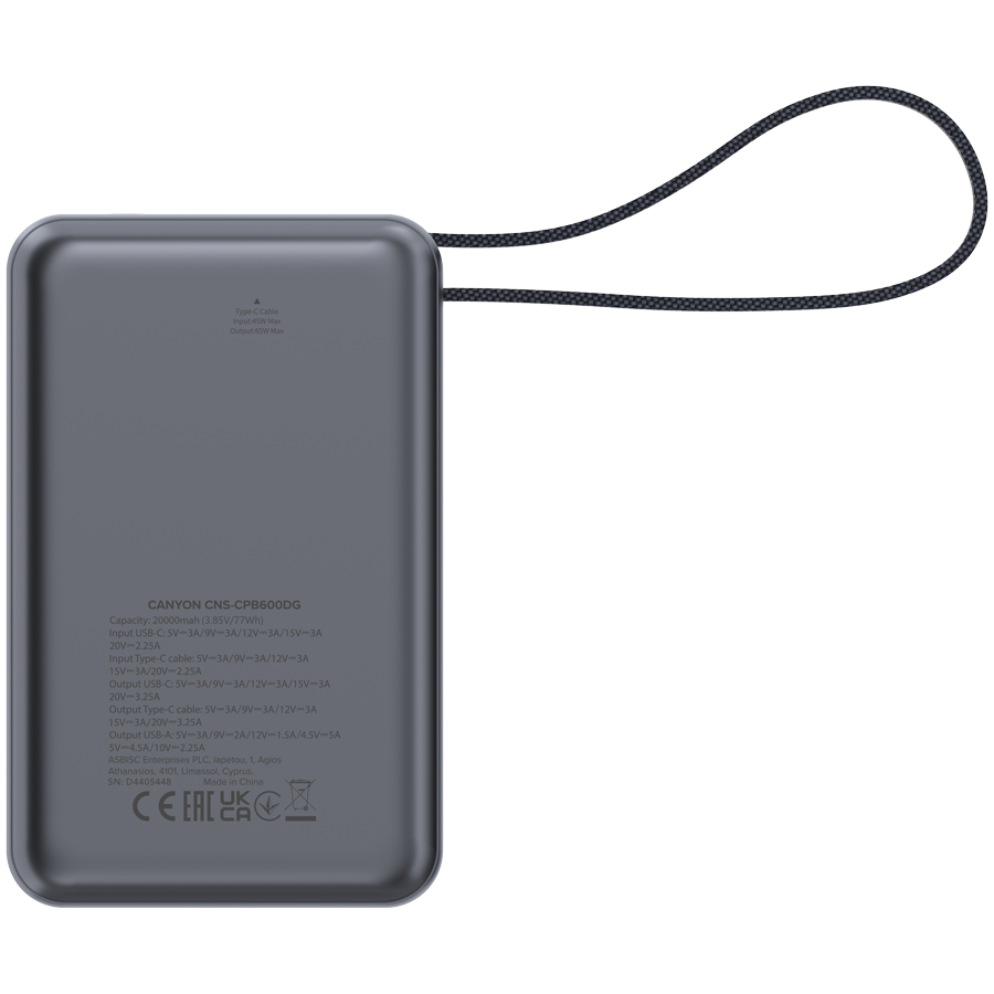CANYON power bank OnPower 600 built-in cable 20000 mAh PD65W Dark Grey - Slika 5