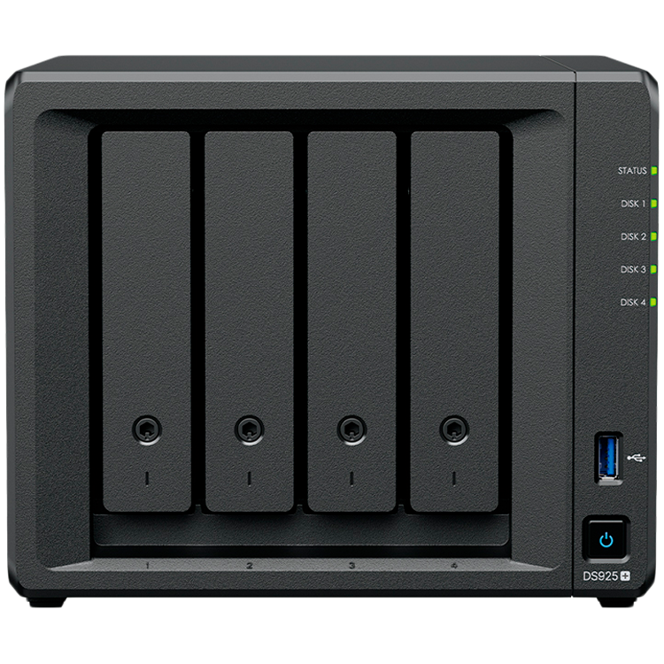 Synology DiskStation DS925+ Tower, 4-Bays 3.5'' SATA HDD/SSD, 2 x M.2 2280 NVMe SSD slot, CPU AMD Ryzen V1500B 4-core 2.2 GHz, 4 GB DDR4 ECC SODIMM, 2x RJ-45 2.5 GbE LAN Port; 2x USB 3.2; 1 xUSB Type-C expansion port; 2.26 kg; 3yr warranty