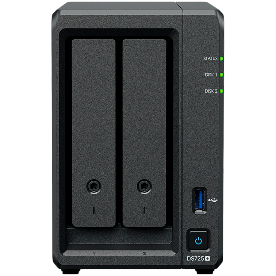 Synology DS725+, Tower, 2-Bays 3.5'' SATA HDD/SSD, 2 x M.2 2280 NVMe SSD, CPU AMD Ryzen R1600 dual-core (4-thread), max. boost up to 3.1 GHz, 4 GB DDR4 ECC SODIMM, 1 x 2.5 GbE, 1 x 1GbE, 1 x USB 3.2, 1 x eSATA USB-C, 1.51 kg, 3y