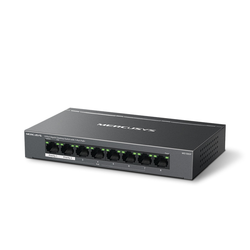 Mercusys 8-Port Gigabit Desktop preklopnik (Switch) 7× Gigabit PoE+, 1× Gigabit Non-Po, Plug & Play, metalno kućište - Slika 2
