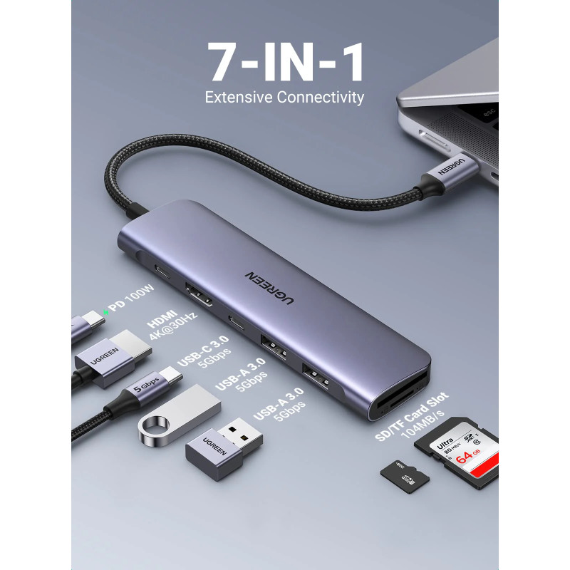 UGREEN 7-portni USB-C HUB 2xUSB-A, 1xUSB-C PD 100W, 1xUSB-C, 1xHDMI 4K, 1xSD, 1xTF, sivi - Slika 2