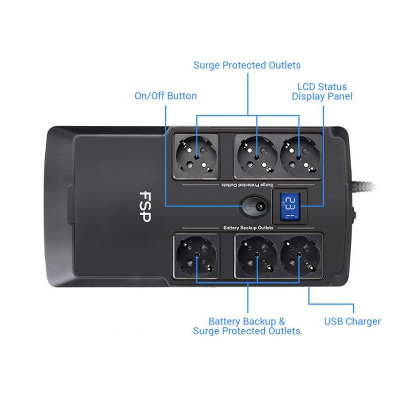 Fortron Source UPS NanoFit 800VA/480W, Offline, 2×USB, 6×Schuko, RJ45, 1×5Ah - Slika 3