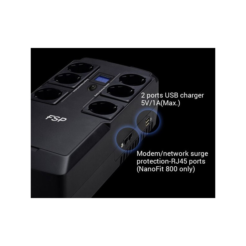Fortron Source UPS NanoFit 800VA/480W, Offline, 2×USB, 6×Schuko, RJ45, 1×5Ah - Slika 5