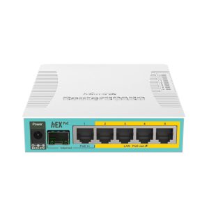 Mikrotik RB960PGS, hEX PoE, 800MHz CPU, 128MB RAM, 5×Gigabit LAN, (4×PoE izlaz), SFP, USB, RouterOS L4, plastično kućište, PSU