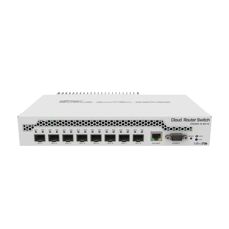 Mikrotik Cloud Router Switch CRS309-1G-8S+IN, Dual core 800MHz CPU, 512MB RAM, 1×GLAN, 8×SFP+ cages, RouterOS, L5 or SwitchOS (dual boot), pasivno desktop kućište, rackmount ears, PSU