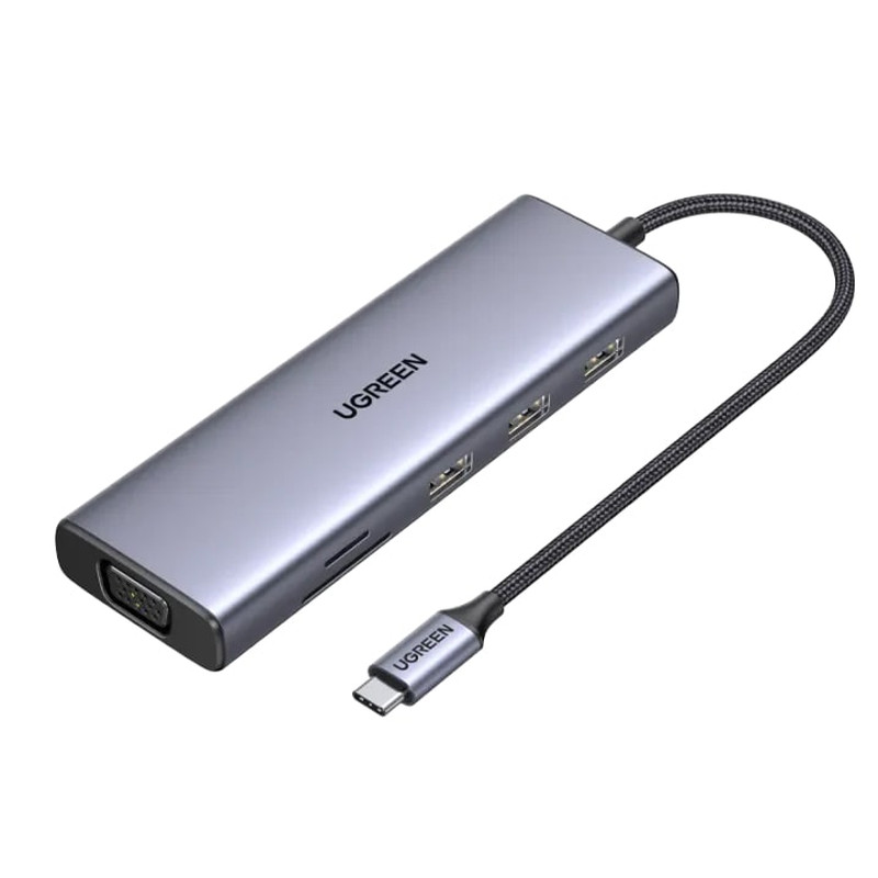 UGREEN 10-portni USB-C HUB 3×USB-A 3.0, 1xUSB- C PD, VGA, 4K, HDMI, 1xG-LAN, 1xSD, 1xTF, 3.5mm, sivi