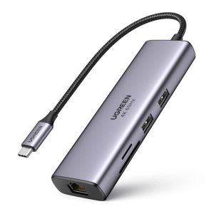 UGREEN 7-portni USB-C HUB 2xUSB-A 3.0, 1xHDMI 4K 60Hz, 1xRJ45, 1xSD, 1xTF, 1x USB-C PD, sivi