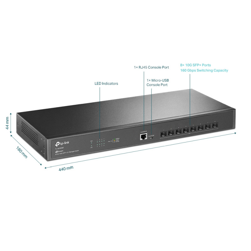 TP-Link 8-Port Omada JetStream Managed preklopnik (Switch) 10GE SFP+ L2+, 8×10G SFP+, RJ45/Micro-USB Console Port, 1U 19" Rack-mount - Slika 3
