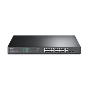 TP-Link JetStream 16-port Gigabit EasySmart PoE+ preklopnik (Switch), 16×10/100/1000M RJ45 PoE, 2×SFP Gigabit, 1U 19" rack-mount kućište (192W)