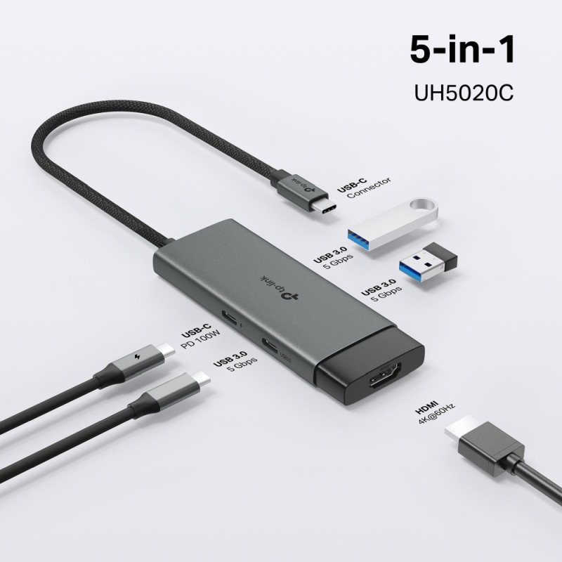 TP-Link 5-portni USB-C HUB 2xUSB-A, 1xUSB-C, 1xUSB-C PD, 1x HDMI 4K 60Hz, crni - Slika 4