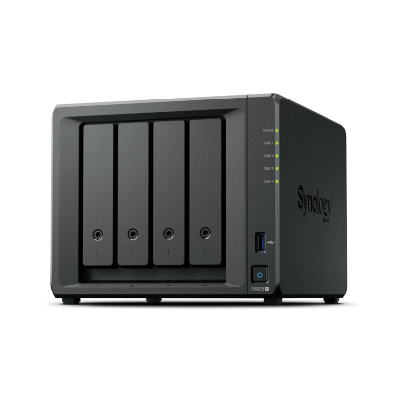 Synology DS925+ DiskStation 4-bay NAS server/samo za Synology diskove/2 x M.2 NVMe SSD slot, CPU AMD Ryzen V1500B 4-core 2.2 GHz, 4 GB DDR4 SODIMM, 2x RJ-45 2.5 GbE LAN, 2x USB 3.2