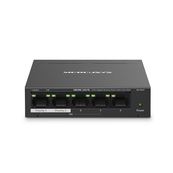 Mercusys 5-Port Gigabit Desktop preklopnik (Switch) 4× Gigabit PoE+, 1× Gigabit Non-Po, Plug & Play, metalno kučište
