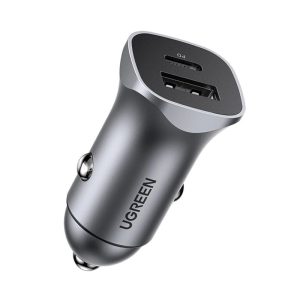 UGREEN auto punjač 24W, USB-C+USB-A, PD3.0/QC3.0, srebrni