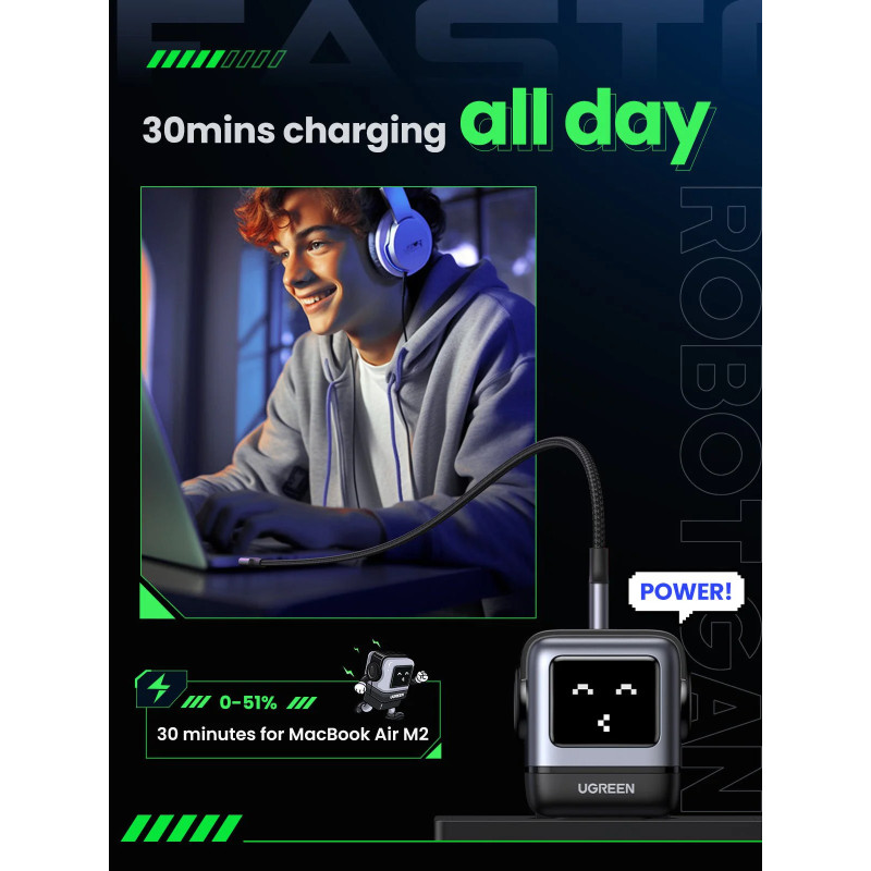 UGREEN Robot zidni punjač 65W, 2x USB-C, 1xUSB-A, GaN, sivo crni - Slika 4