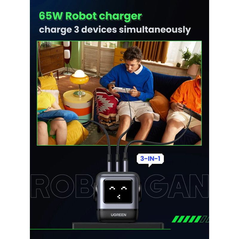 UGREEN Robot zidni punjač 65W, 2x USB-C, 1xUSB-A, GaN, sivo crni - Slika 5