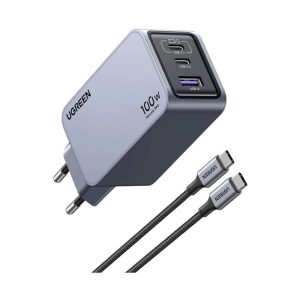 UGREEN Nexode Pro Mini FC zidni punjač 100W, 2x USB-C, USB-A, USB-C kabel, GaN, sivi