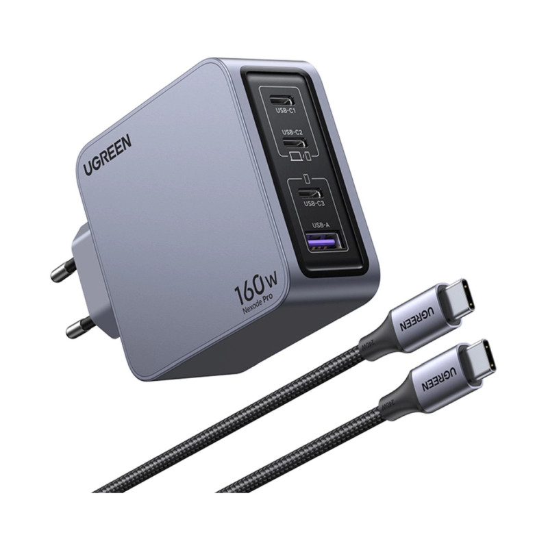 UGREEN Nexode Pro zidni punjač 160W, 3×USB-C/1×USB-A, USB-C kabel, GaN, sivi