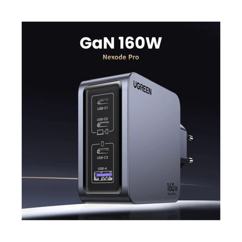 UGREEN Nexode Pro zidni punjač 160W, 3×USB-C/1×USB-A, USB-C kabel, GaN, sivi - Slika 3