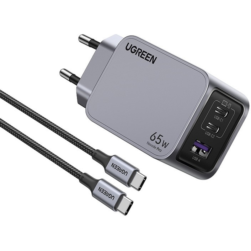 UGREEN Nexode Pro zidni punjač 65W, 2x USB-C, USB-A, USB-C kabel, GaN, sivi