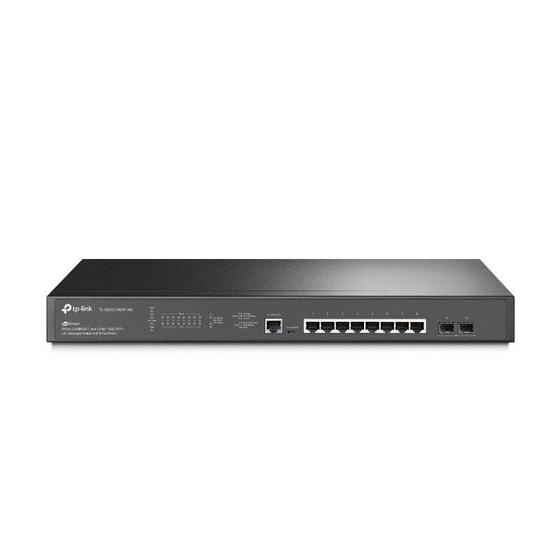 TP-Link Omada JetStream 8-port 2.5Gbit L2+ upravljiv PoE+ preklopnik (Switch), 8×2.5G RJ45 PoE+, 2×10G SFP+, RJ45/Micro-USB Console port, 1U 19" rack mount (240W)