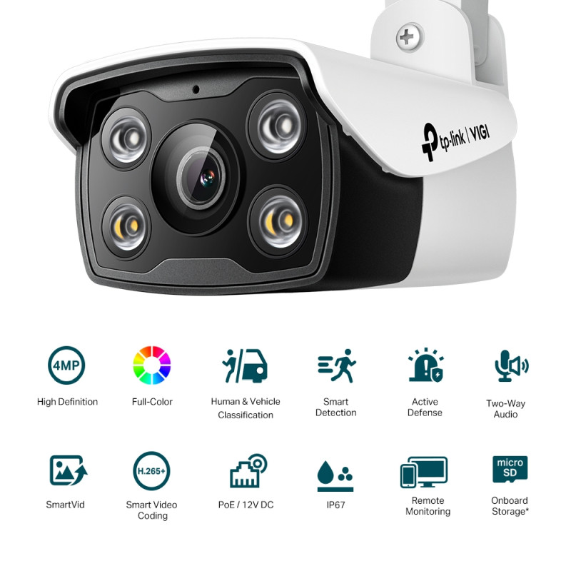 TP-Link VIGI C340 Full color kamera 2K 4MP, H.265+, 4mm leća, RJ45, PoE/12V DC, Night Vision, microSD, dvosmjerni audio, detekcija pokreta, vodootporna IP67, VIGI app - Slika 2