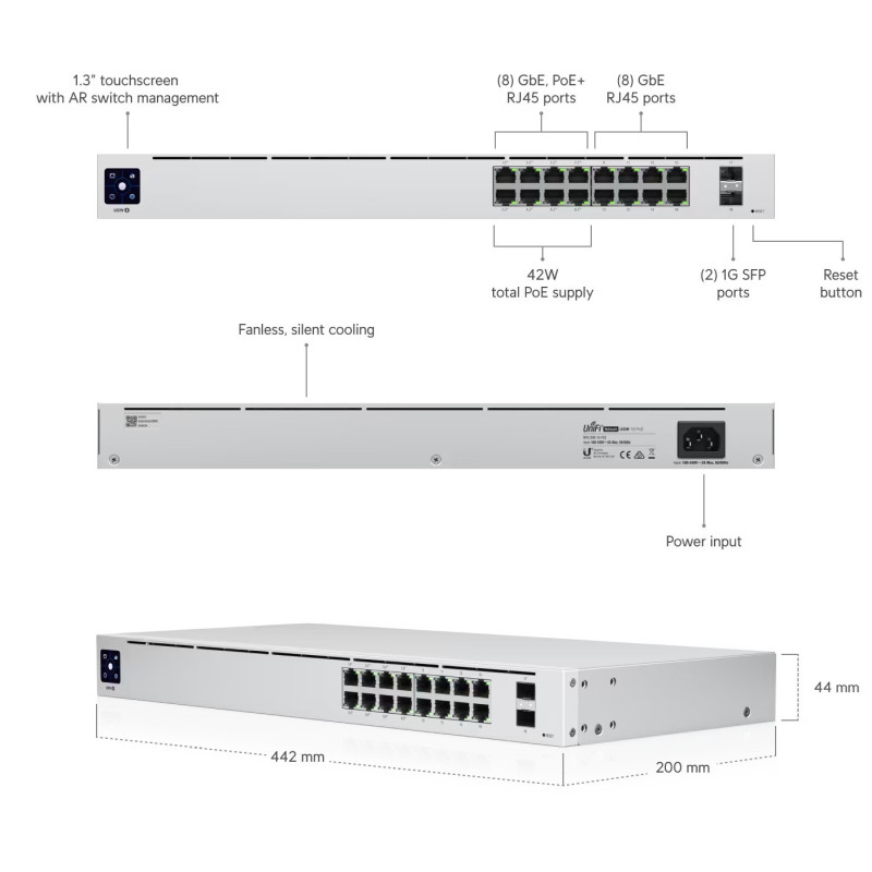 Ubiquiti UniFi Managed 16-port Gigabit Switch (8-port PoE+), 2× SFP, Rackmount (USW-16-PoE-Gen2) - Slika 2