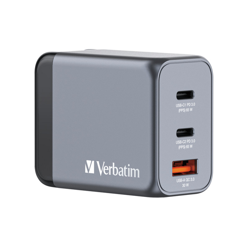 Verbatim GNC-65 GaN zidni punjač 65W, 2×USB-C PD 65W / 1×USB-A QC3.0