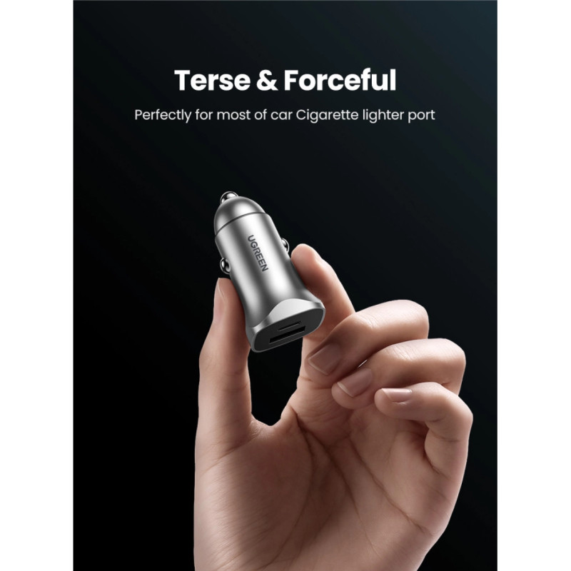 UGREEN auto punjač 30W, USB-C+USB-A, PD3.0/QC3.0, sivi - Slika 2