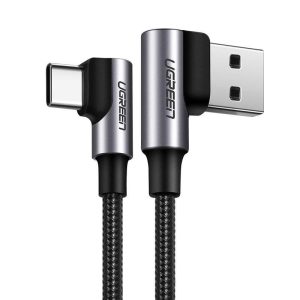 UGREEN USB-C (M) na USB 2.0 A (M), 3A, kutni 90°, crni, pleteni kabel MFi, 2m