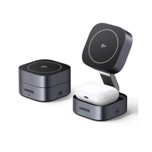UGREEN 2in1 Qi2 Magnetic Foldable punjač, 15W, za Iphone 12-16, AirPods 3/2/Pro, sivi