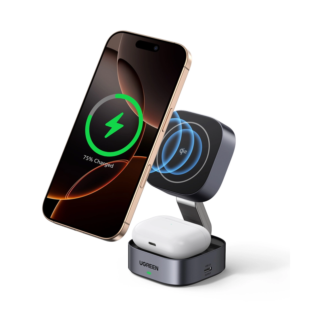 UGREEN 2in1 Qi2 Magnetic Foldable punjač, 15W, za Iphone 12-16, AirPods 3/2/Pro, sivi - Slika 3
