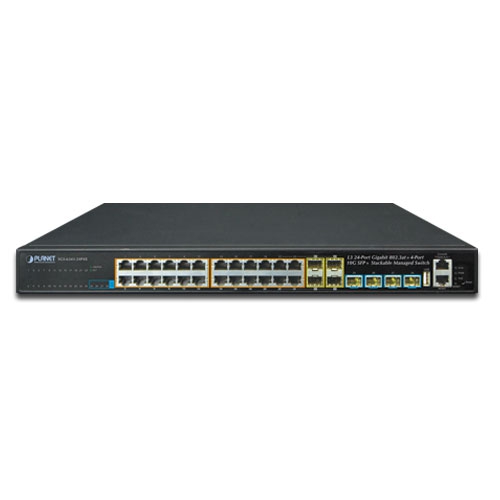 PLANET Layer 3 24-Port 10/100/1000T 802.3at PoE with 4-port shared 100/1000X SFP + 4-Port 10G SFP+ Stackable Managed Gigabit Switch