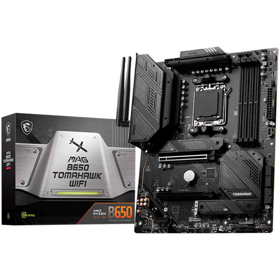 MSI Mainboard Desktop MAG B650 TOMAHAWK WIFI (AM5, 4x DDR5 max. 128GB, 1x PCI-E 4.0 x16x16, 1x PCI-E x1, 3x M.2 4.0, 6x SATA, 2x USB 2.0, 4x USB 3.2 Gen1, 3x USB 3.2 Gen2, 1x USB Type-C 3.2 Gen2, 1x HDMI, 1x DP, RTL8125B 2.5Gbps LAN, Wi-Fi 6E, ATX)