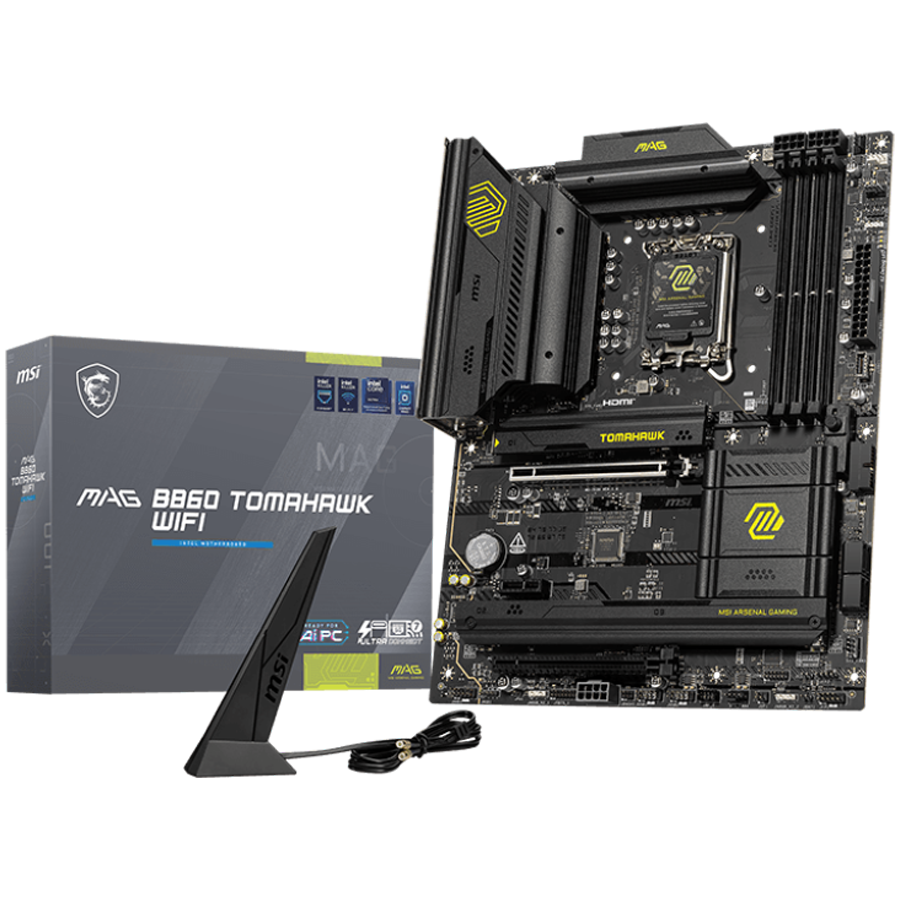 MSI MAG B860 TOMAHAWK WIFI, ATX, LGA 1851, 4x DDR5 Dual Channel DDR5 up to 9200(OC)MHz, 2x PCIe x16 slot, 3x M.2 slot, 4x USB 2.0, 4x USB 10Gbps, 1x USB 10Gbps Type-C, 1x USB 40Gbps Type-C, HDMI, DP, 7.1 HD Audio, 5G LAN, WiFi, BT, 3Y