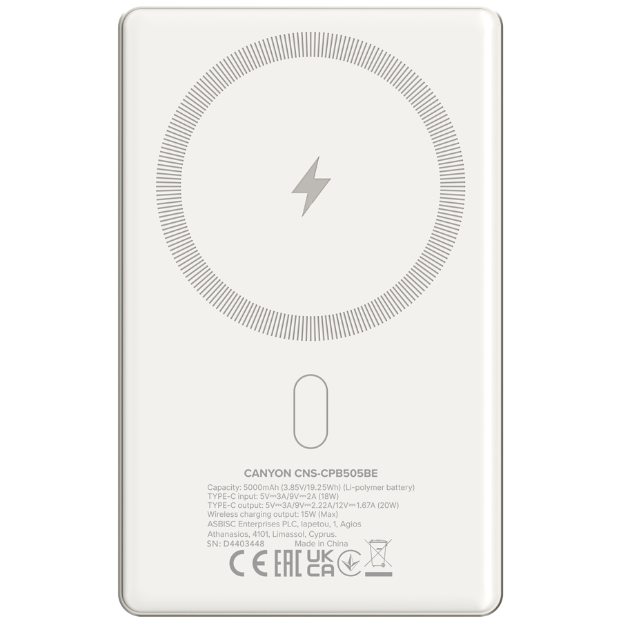 CANYON power bank OnPower 505 slim Magnetic 5000 mAh PD20W Bež - Slika 3