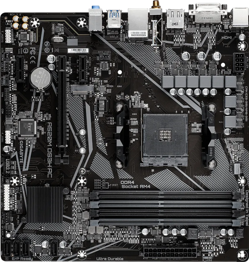 Gigabyte MB A520M DS3H AC, S.AM4, 4xDDR4/4733(OC), PCIe 3.0, G-LAN, HDMI/DP/DVI-D, WiFi, mATX