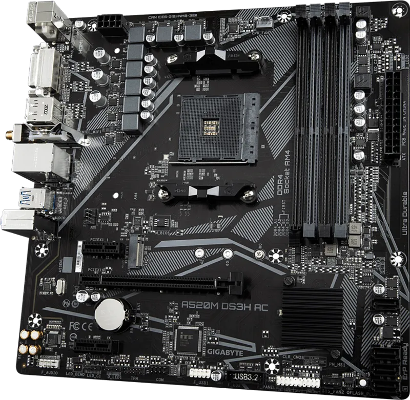 Gigabyte MB A520M DS3H AC, S.AM4, 4xDDR4/4733(OC), PCIe 3.0, G-LAN, HDMI/DP/DVI-D, WiFi, mATX - Slika 3