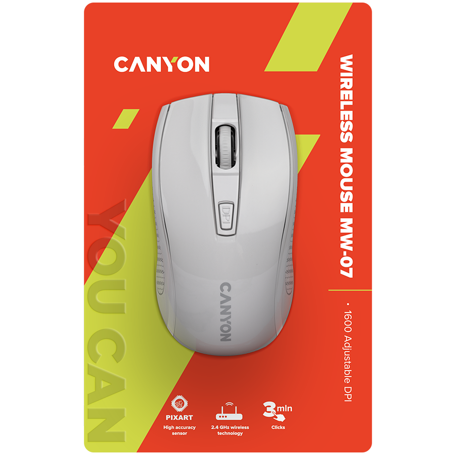 CANYON MW-7, 2.4Ghz wireless mouse, 6 buttons, DPI 800/1200/1600, with 1 AA battery ,size 110*60*37mm,58g,white - Slika 6
