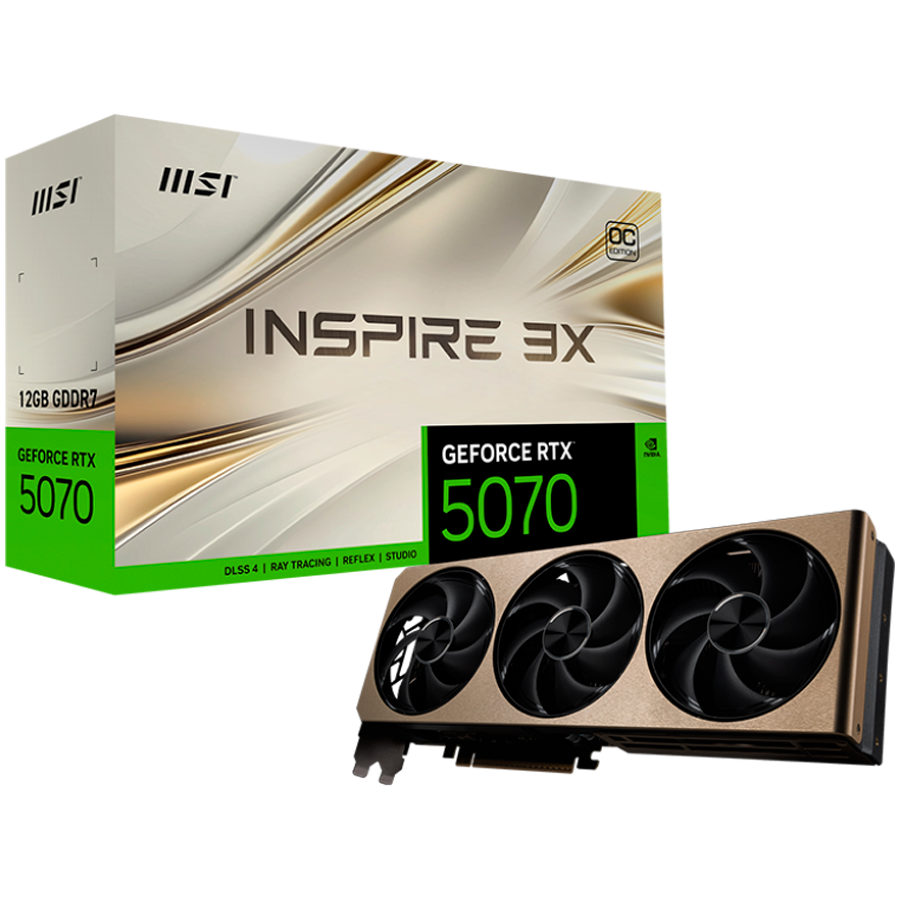 MSI Video Card Nvidia GeForce RTX 5070 12G INSPIRE 3X OC (12GB GDDR7/192bit, PCI-E Gen5, 3x DP 2.1, 1x HDMI 2.1, 1x 16-pin Power Connector, Retail)