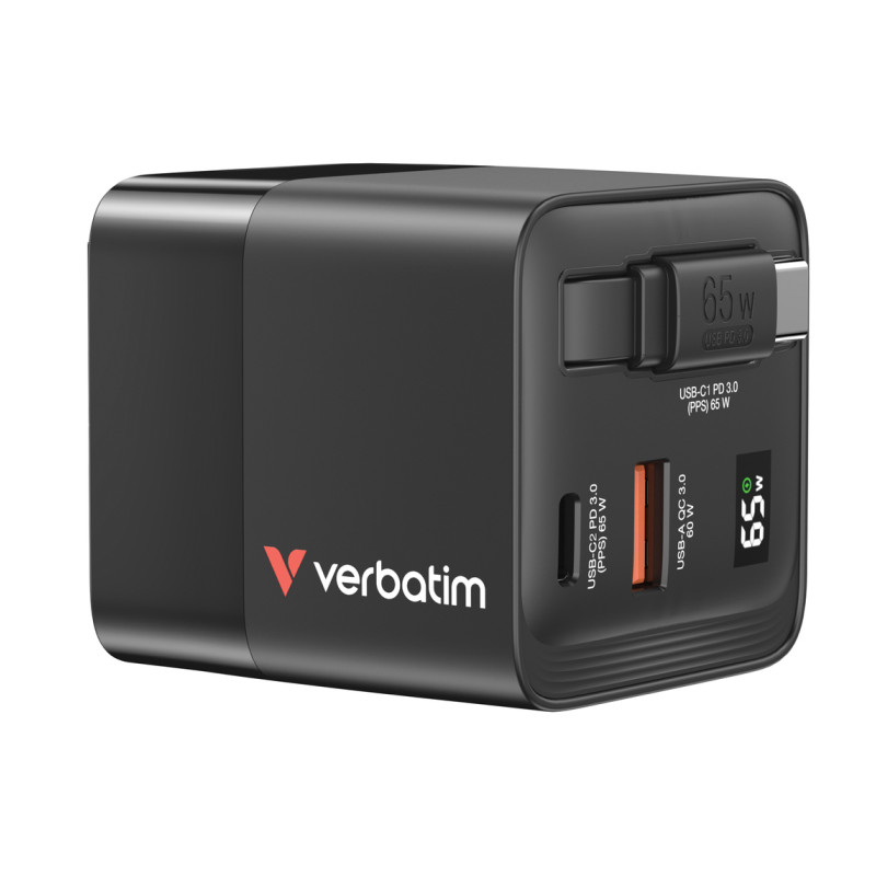 Verbatim GaN zidni punjač 65W, USB-C kabel na izvlačenje + 1×USB-A + 1×USB-C - Slika 9