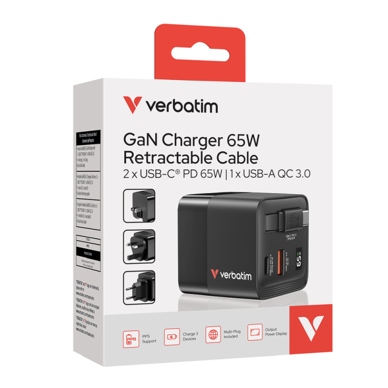 Verbatim GaN zidni punjač 65W, USB-C kabel na izvlačenje + 1×USB-A + 1×USB-C - Slika 11