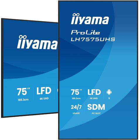 IIYAMA 75" LH7575UHS-B2AG 3840x2160, UHD IPS panel, Haze 25%, 500cd/m2, Landscape and Portrait, Signal FailOver, Speakers 2x 10W, HDMI 3x, DisplayPort, DP-out (MST/Mirror/Tiling), USB 2.0 x2, WiFi