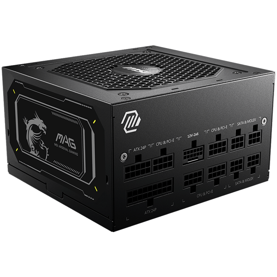 MSI PSU MAG A850GL PCIE5 II, 850W 80Plus Gold, 120mm Fan Active PFC, Fully Modular, 12VHPWR, ATX 3.1, PCIe 5.1, OVP, OCP, OTP, OPP, SCP, UVP, 100-240Vac, 47Hz-63Hz Input Frequency, ATX, 7Y, Black