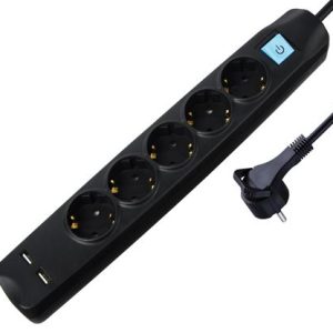Transmedia 5-way power strip with 2x USB, black, 3m