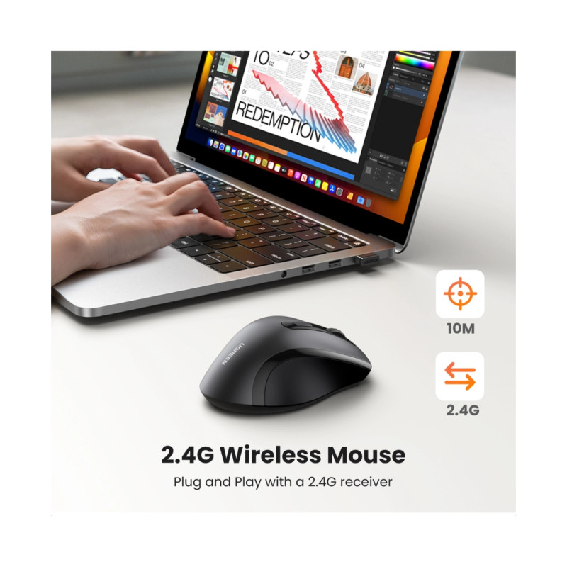 UGREEN bežični miš, 1600 DPI, USB, crni - Slika 4