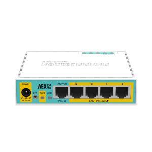 Mikrotik RB750UPr2, hEX PoE lite, 650MHz CPU, 64MB RAM, 5xLAN, (4×PoE izlaz), USB, RouterOS L4, plastično kućište, PSU