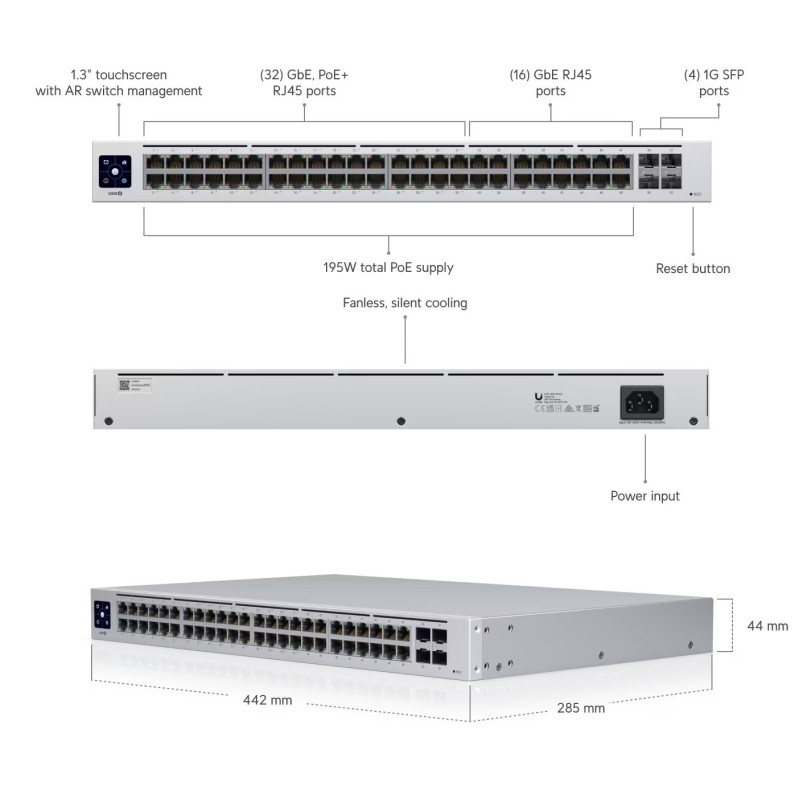 Ubiquiti UniFi Managed 48-port Gigabit Switch (32-port PoE+), 4×SFP, Touchscreen LCD, Rackmount, 195W (USW-48-PoE) - Slika 3