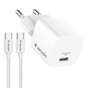 Verbatim Mini GaN punjač 20W PD3.0  s kabelom USB-C / USB-C, M/M, 1.0m , bijeli